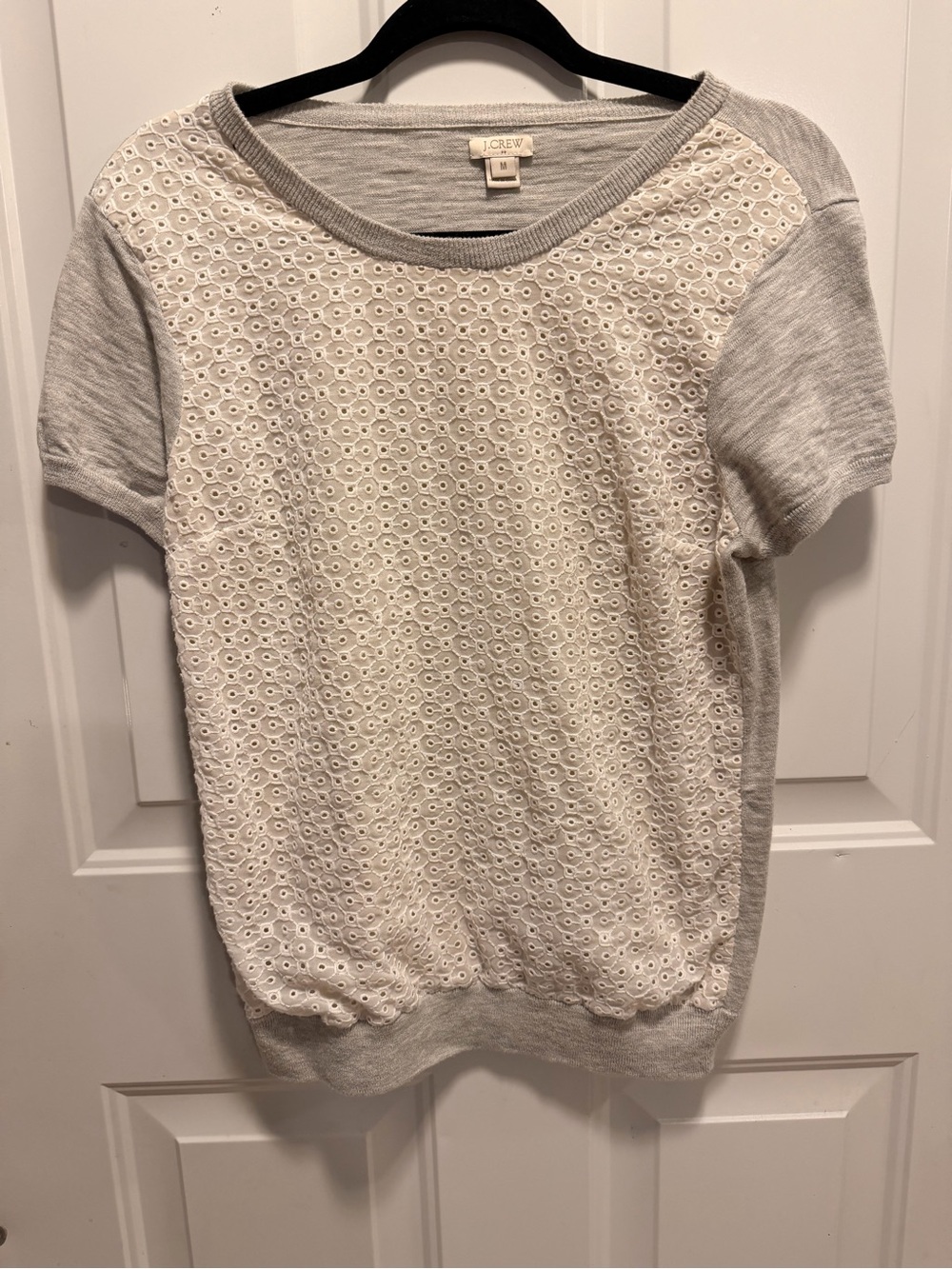 J. Crew Short Sleeve Eyelet Front Top in Cream and Light Gray